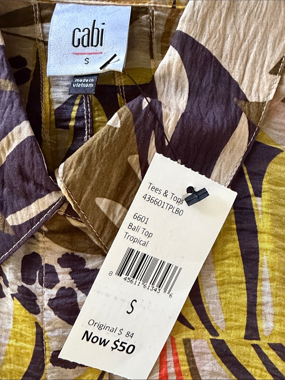 CAbi Sleeveless Tropical Button-Front Top, Olive,orange, brown, mustard #6601 - Picture 3 of 4